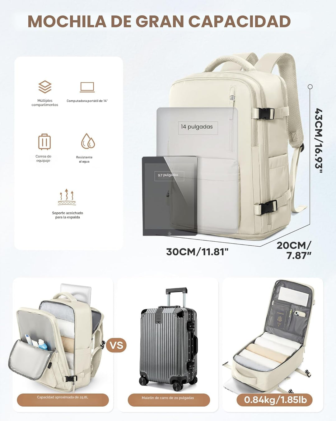 WONHOX - Mochila grande de viaje, equipaje de mano aprobado para vu...