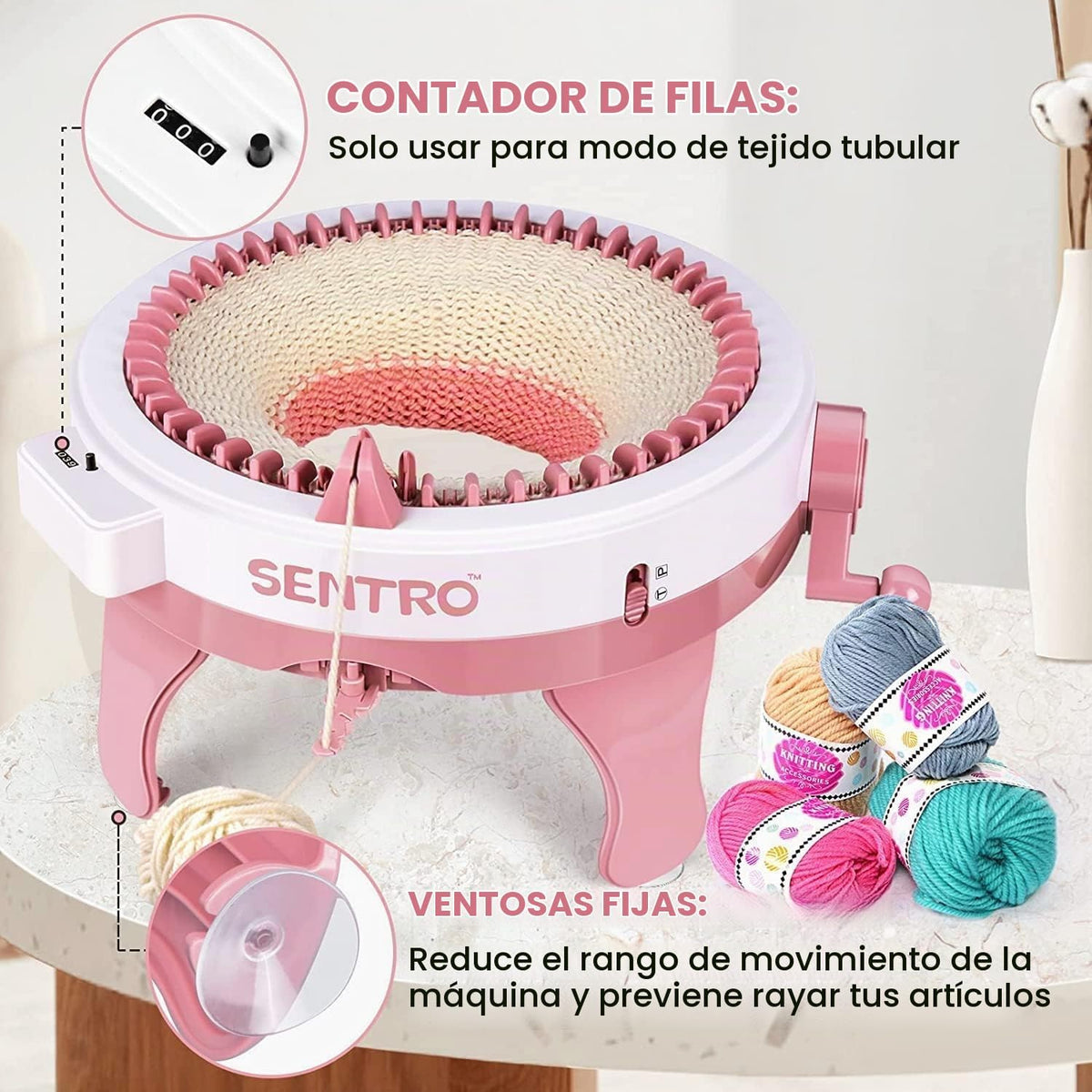 SENTRO Máquina de tejer 48 agujas con contador de filas para principiantes (rubor)