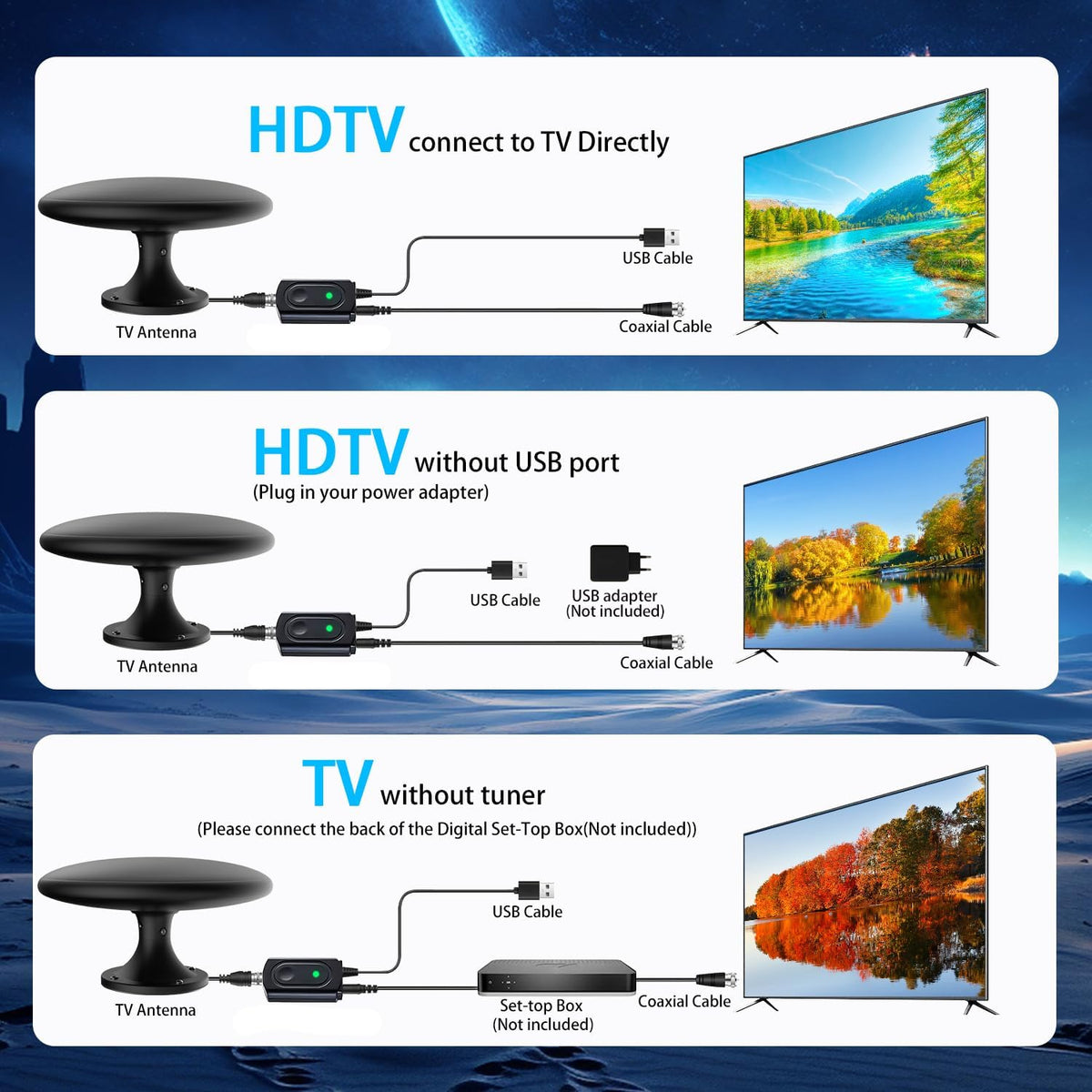 Antena de TV al aire libre para televisores inteligentes, antena digital HD TV RV montaje en techo, VHF/UHF de largo alcance para cámper, remolque, camión, barco (32.8 pies)