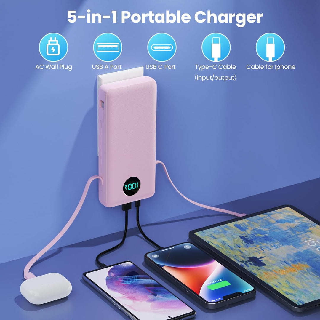 Cargador portátil de 33800 mAh USB C con cables integrados y enchuf...