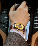 ROCOSJEWE Reloj mecánico automático para hombre, reloj de lujo retro esqueletizado dorado correa marrón con cierre de mariposa luminoso y resistente al agua regalo