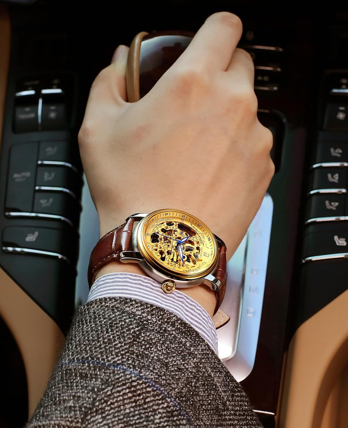 ROCOSJEWE Reloj mecánico automático para hombre, reloj de lujo retro esqueletizado dorado correa marrón con cierre de mariposa luminoso y resistente al agua regalo