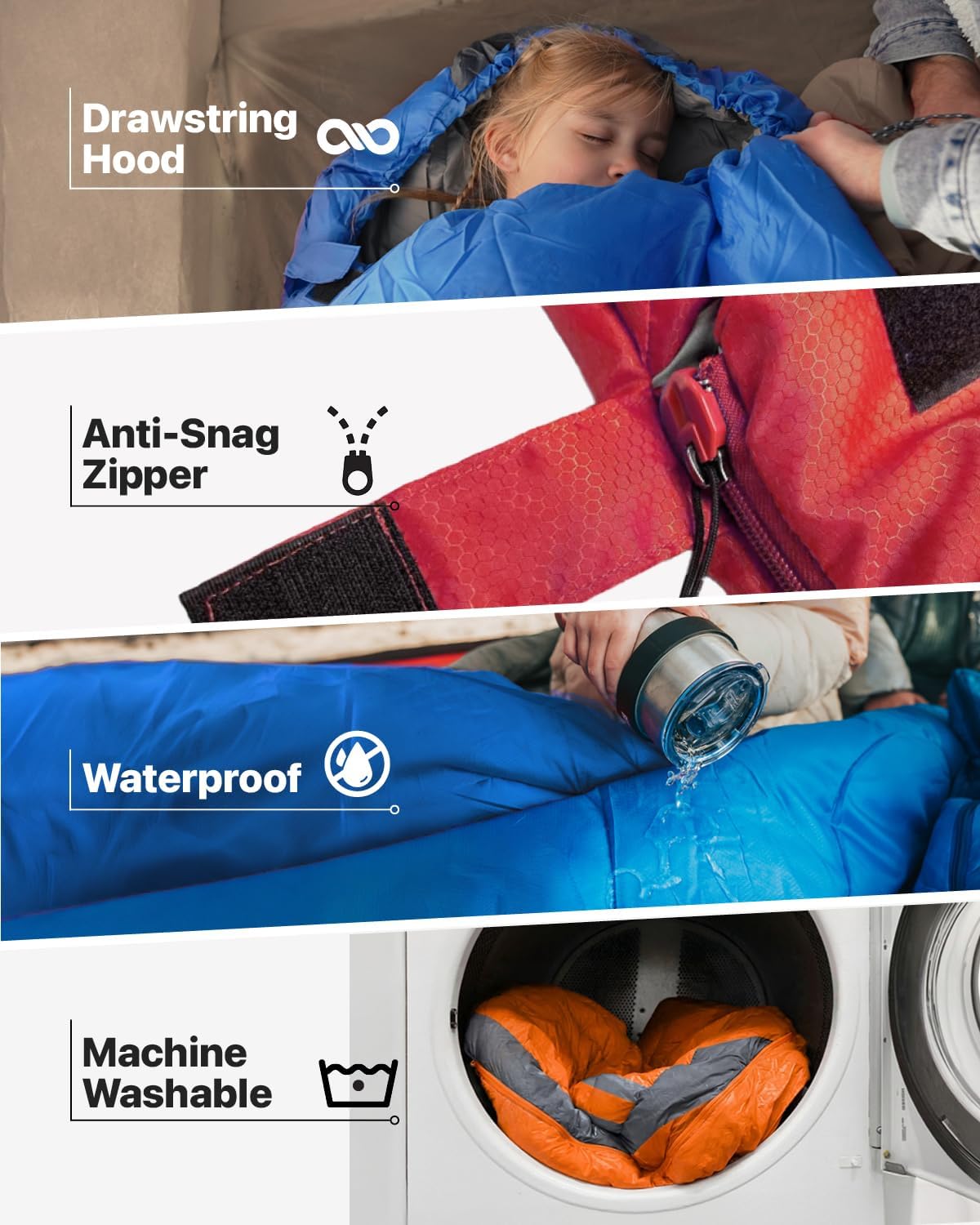 MalloMe Sacos de dormir para adultos para clima frío y cálido, saco de dormir para mochileros para niños de 10 a 12 años, niñas, niños, ligeros, compactos, artículos esenciales para acampar
