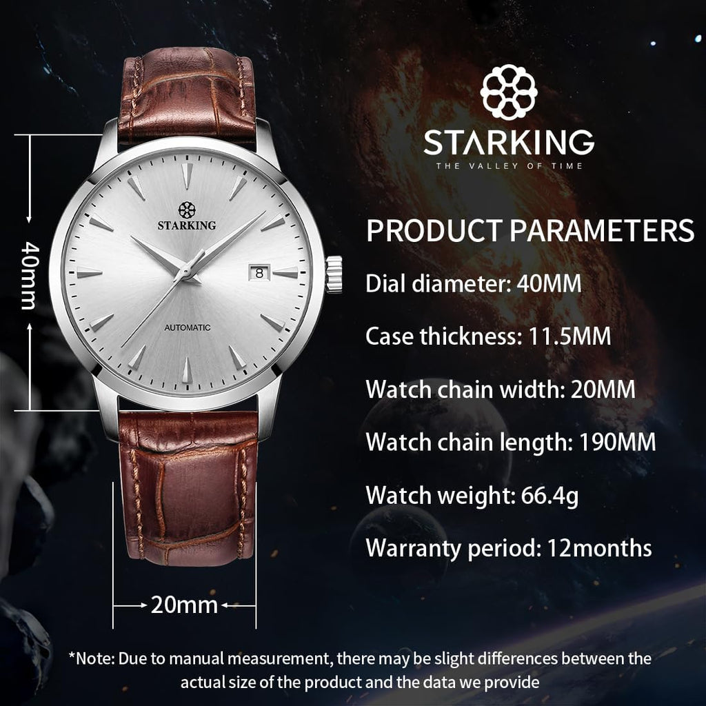 STARKING AM0184 Relojes automáticos de vestir para hombre, con parte trasera transparente, relojes de pulsera delgados casuales con fecha, resistente al agua a 5 ATM, acero inoxidable, correa de piel