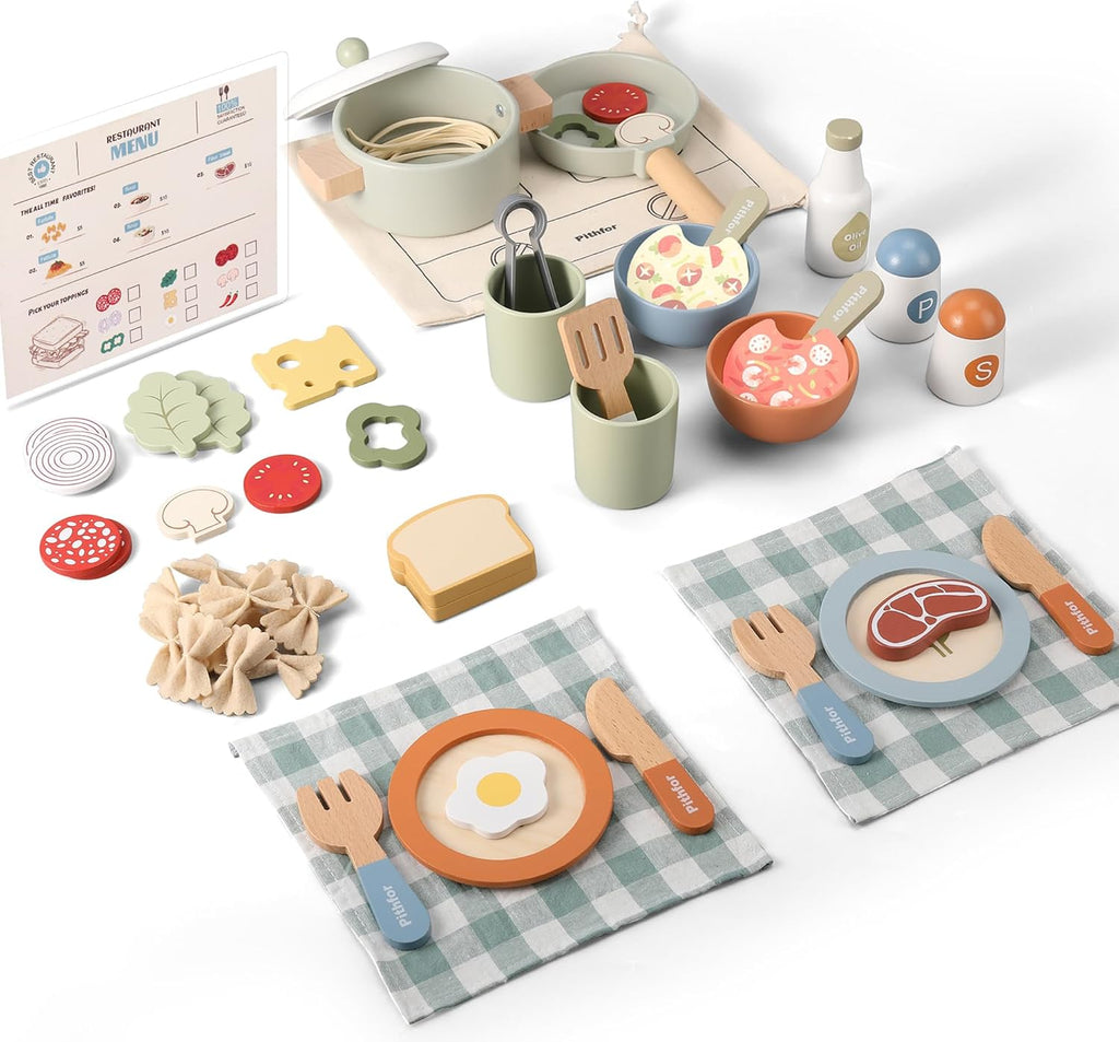 Juego de cocina de madera, juguetes de accesorios de cocina de simulación para niños y niños pequeños, incluye platos de juego, olla y sartén, utensilios, regalos para niñas y niños de 3, 4