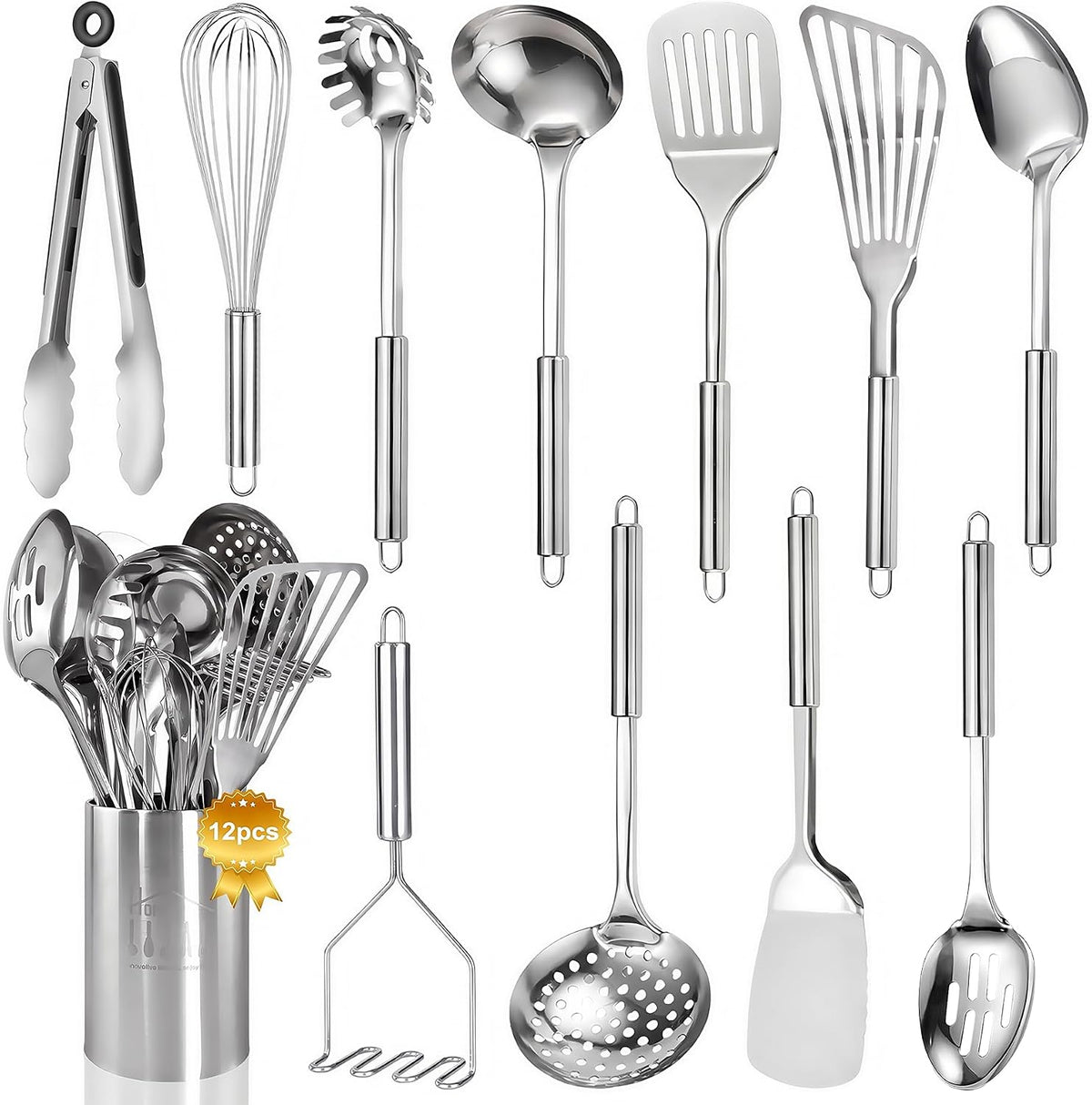 Juego de utensilios de cocina de acero inoxidable – Juego de utensilios de cocina de 12 piezas con soporte, juego de herramientas de cocina resistentes al calor para cocinar con volteadores