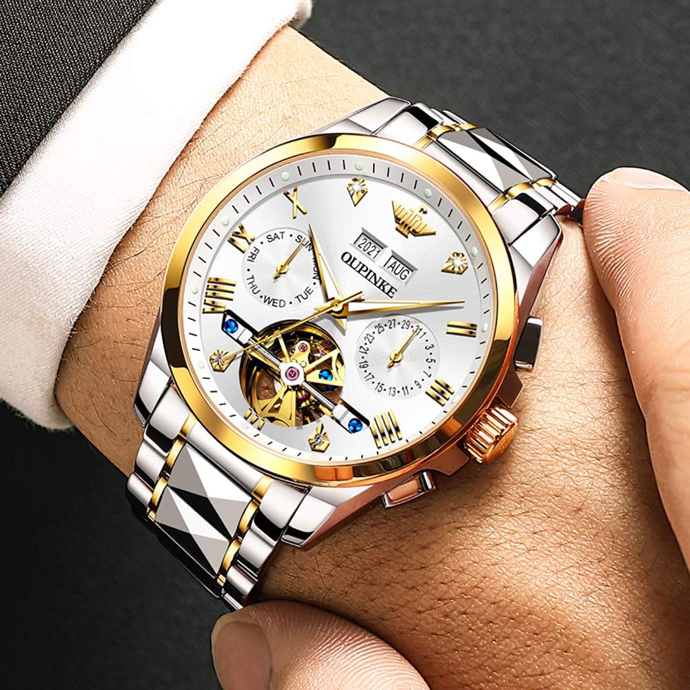 Relojes automáticos de esqueleto para hombre, reloj de pulsera de lujo mecánico de cuerda automática de cristal de zafiro, reloj de acero de tungsteno, 164.0 ft, impermeable, luminoso, sin batería, Dorado, carátula blanca de acero tungsteno, redondo