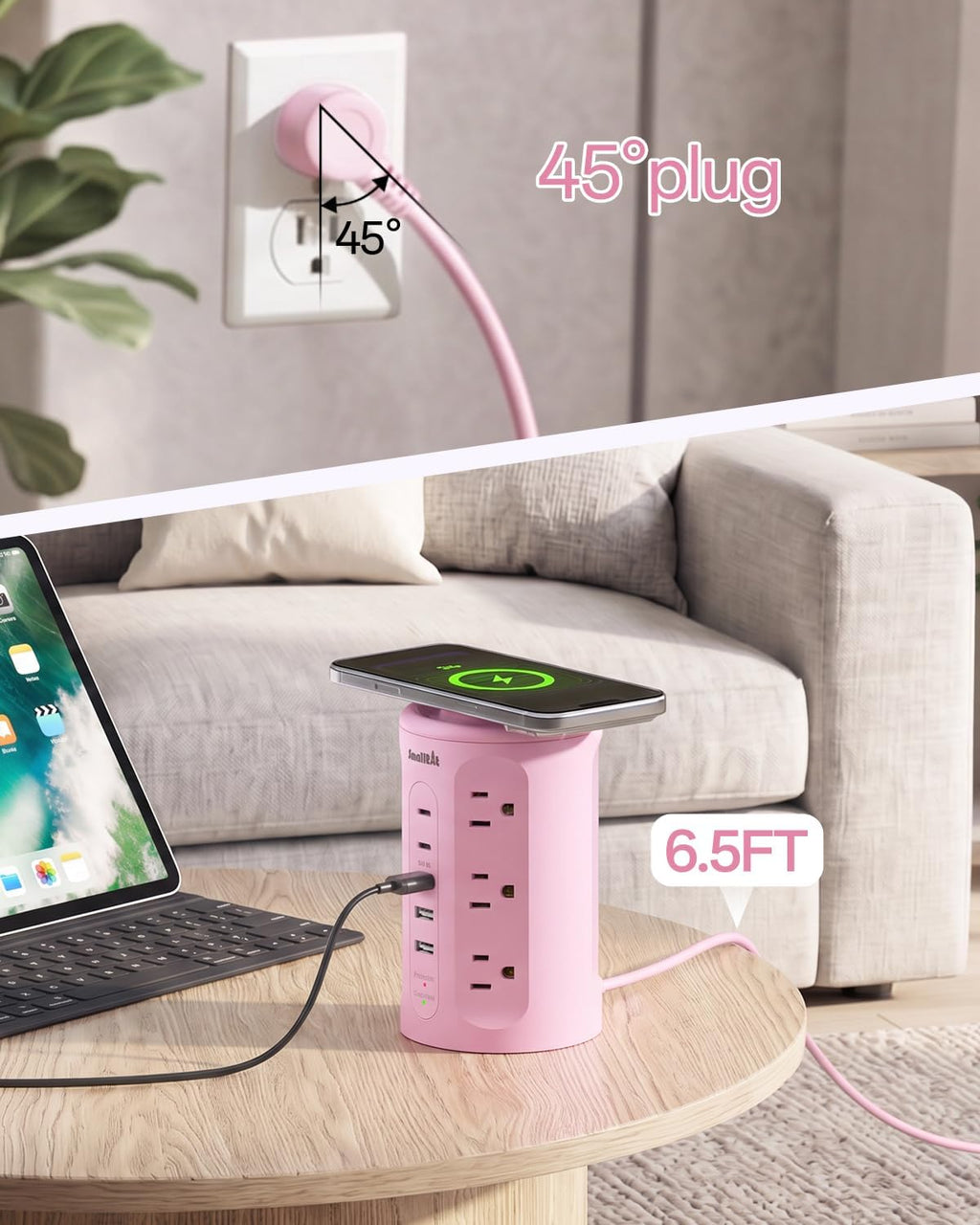 Regleta de alimentación con puertos USB, cable de extensión con múltiples salidas (12AC+3A+2C), estación de carga de torre de escritorio rosa de 6.5 pies para el hogar, oficina, dormitorio