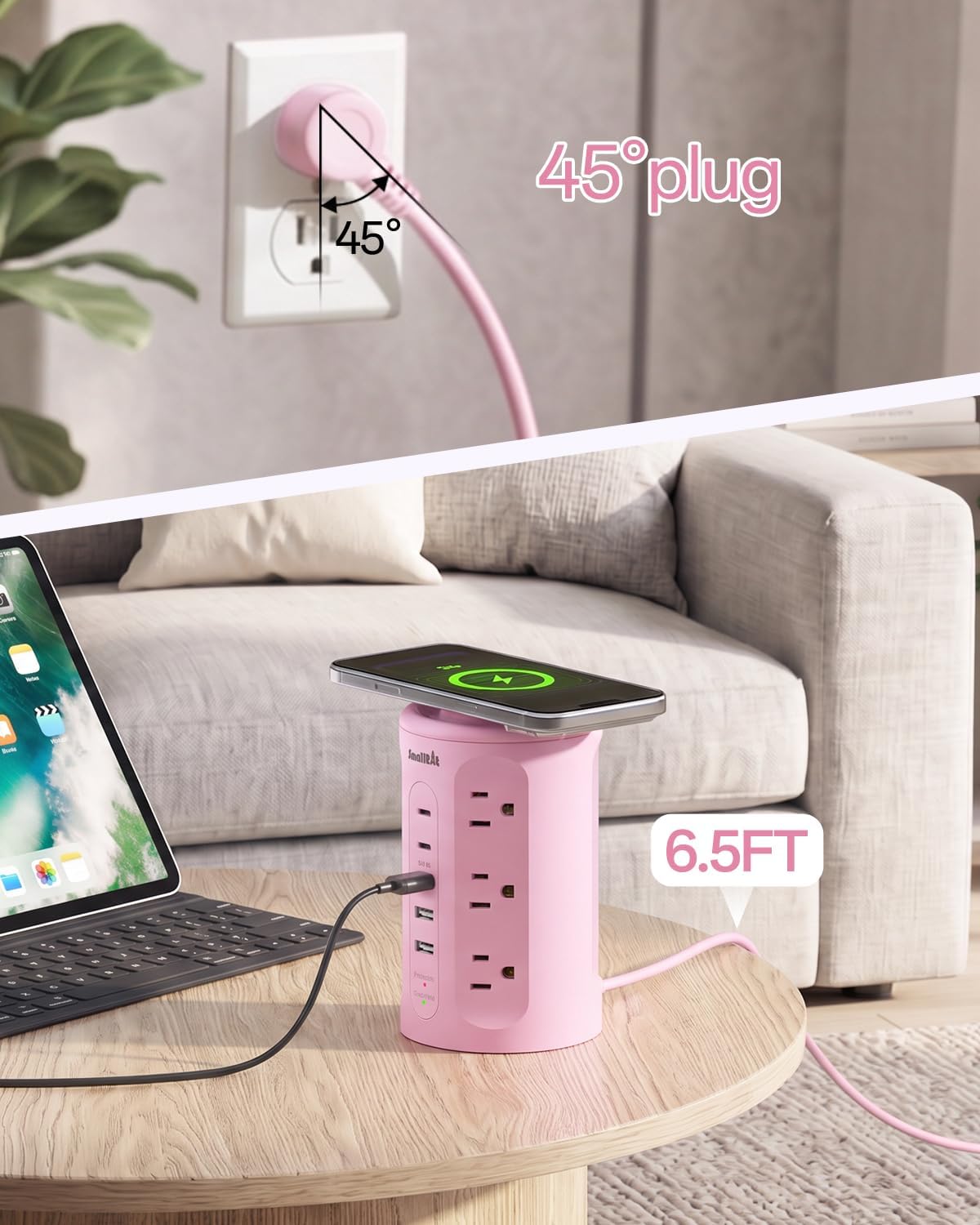 Regleta de alimentación con puertos USB, cable de extensión con múltiples salidas (12AC+3A+2C), estación de carga de torre de escritorio rosa de 6.5 pies para el hogar, oficina, dormitorio
