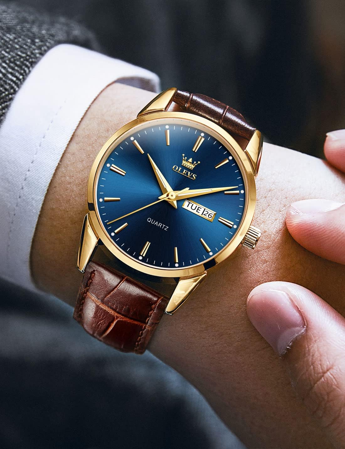 OLEVS Relojes de Cuero para Hombres, Casual, Fácil de leer, Quartz, Números, Resistente al Agua