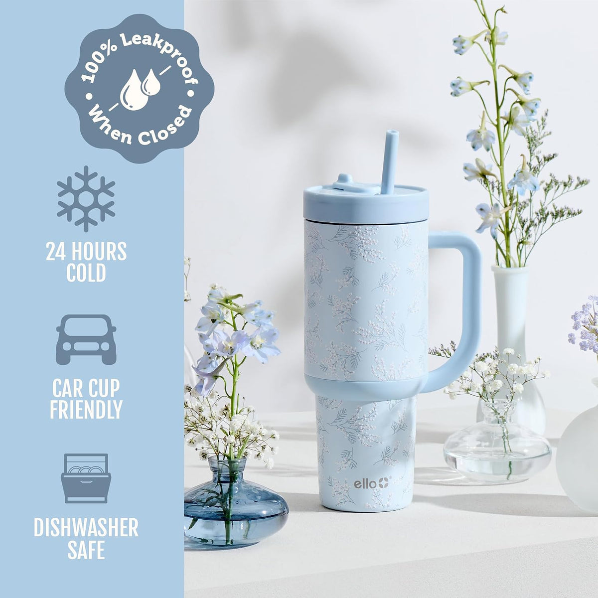 Ello Oasis - Vaso aislado de acero inoxidable de 30 onzas con pajilla