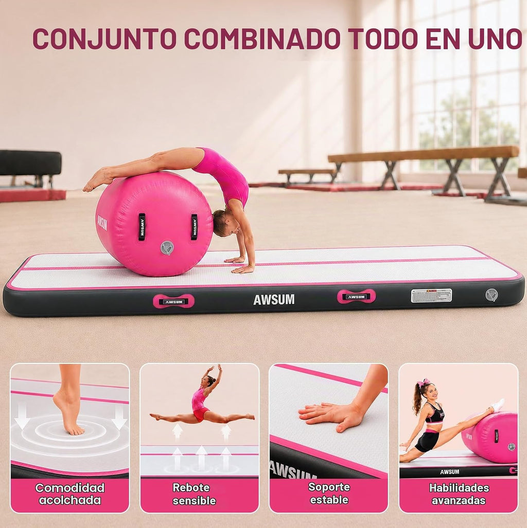 AWSUM Colchoneta de Gimnasia de 10 pies/13 pies con Rodillo de Aire Barril de Volteretas Entrenador de Salto Mortal hacia Atrás y Flexión hacia Atrás para Equipo de Trampolín de Gimnasia Inflable y