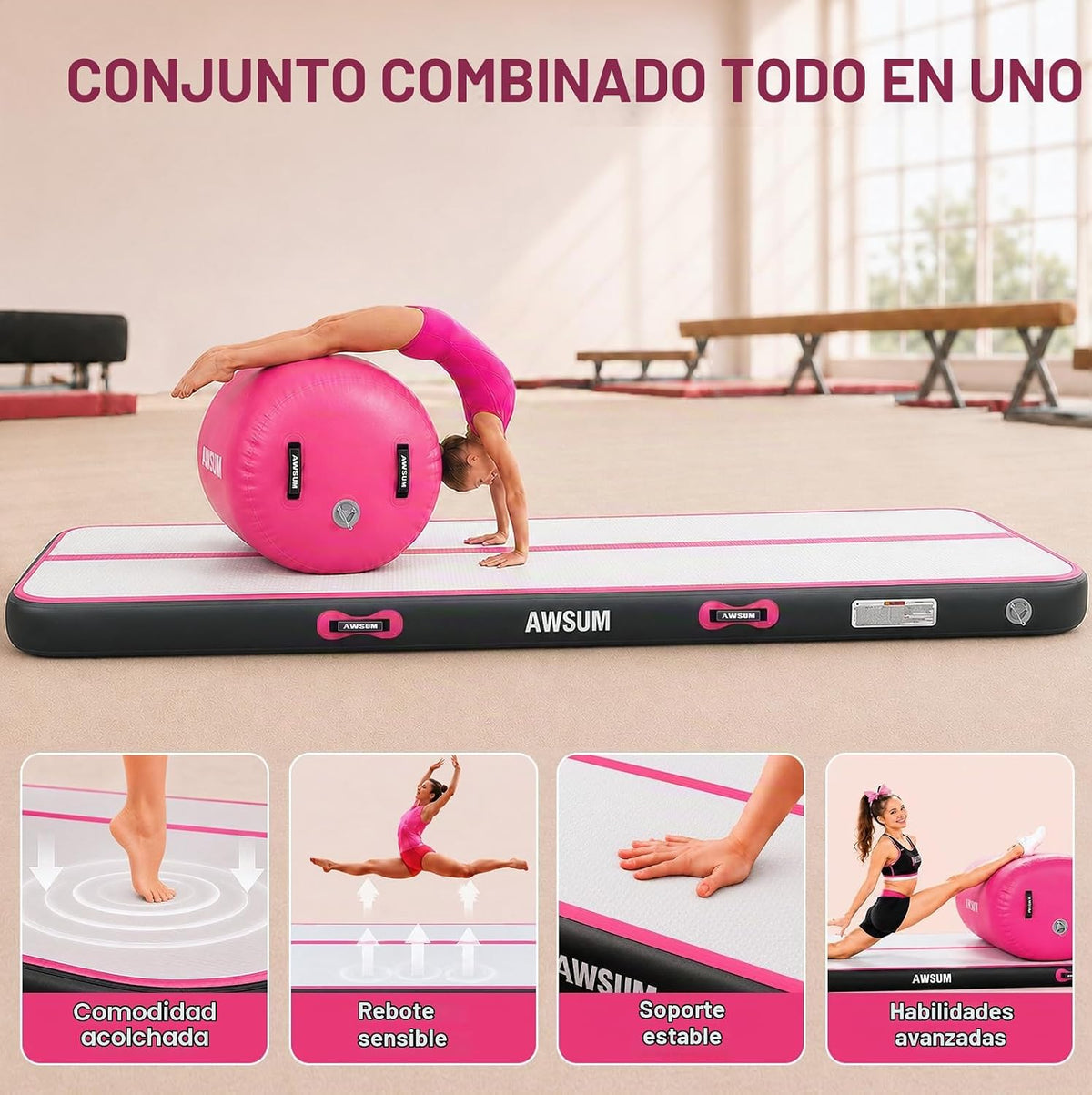 AWSUM Colchoneta de Gimnasia de 10 pies/13 pies con Rodillo de Aire Barril de Volteretas Entrenador de Salto Mortal hacia Atrás y Flexión hacia Atrás para Equipo de Trampolín de Gimnasia Inflable y