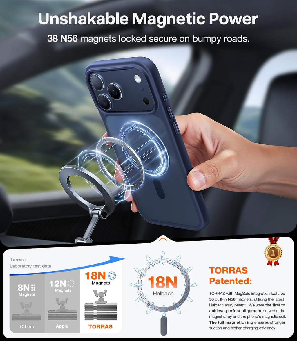 TORRAS Funda magnética más fuerte y a prueba de golpes para iPhone 17 Pro Max, apta para MagSafe, protección contra caídas de grado militar, control de cámara, botón de bricolaje, delgada para iPhone