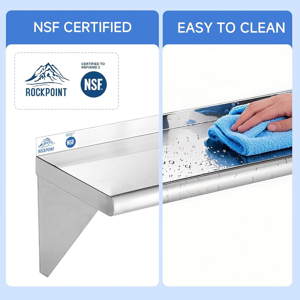 ROCKPOINT Estante de acero inoxidable de 10 x 16 pulgadas, 190 libras, estantes comerciales de metal NSF para montaje en pared, estantería flotante con protector contra salpicaduras para restaurante