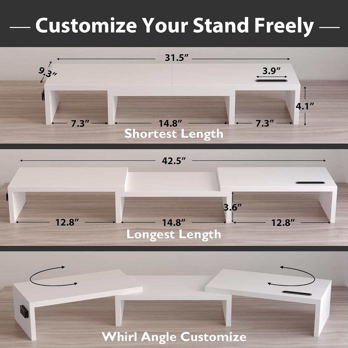 BONTEC Dual Monitor Stand Riser, Adjustable Length & Swivel Angle, blanco