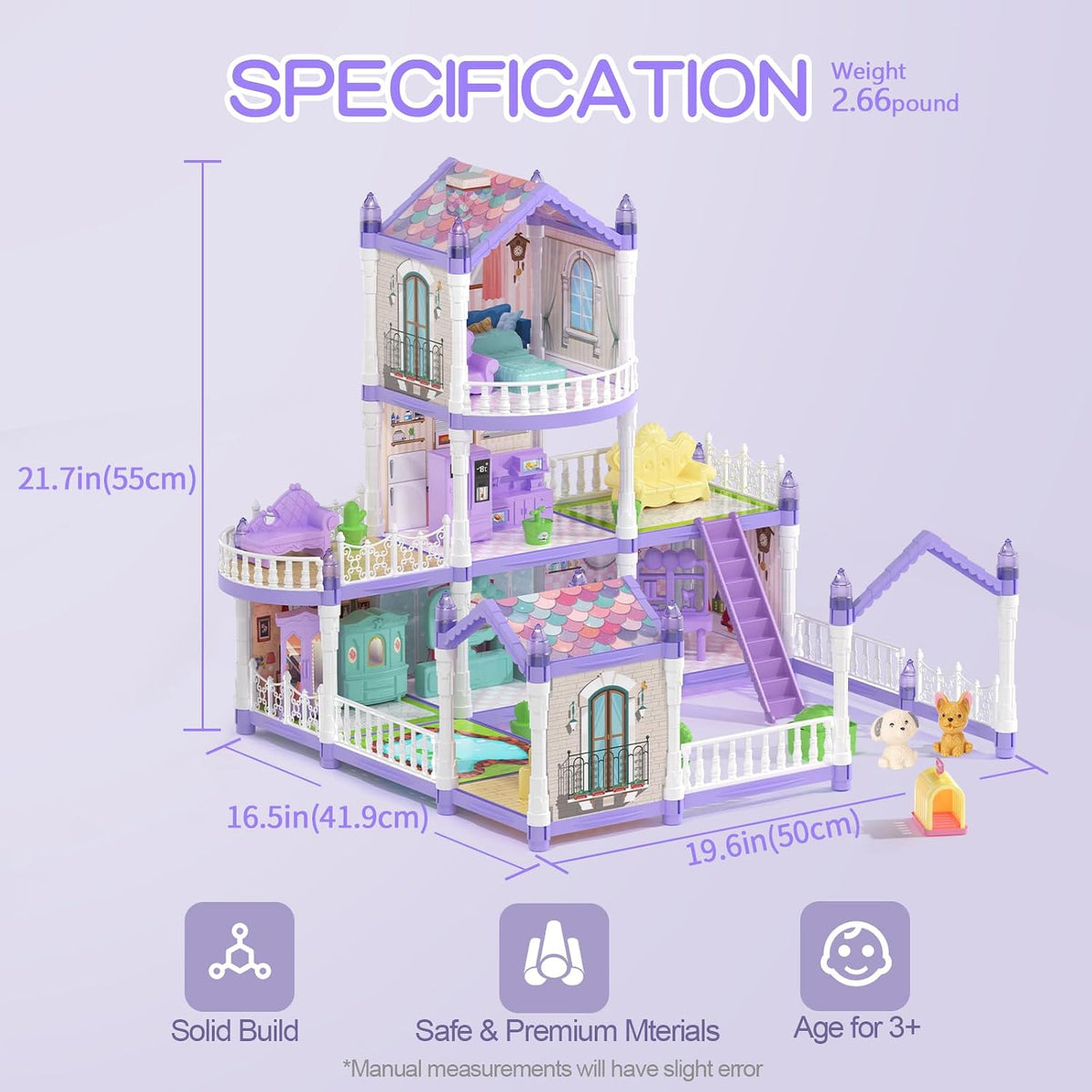 Lámpara Casa de muñecas para niñas, casa de muñecas de ensueño, 9 habitaciones con 2 muñecas, casas de muñecas de princesa, animales, muebles y accesorios, casa de juegos para niñas de más de 3 años