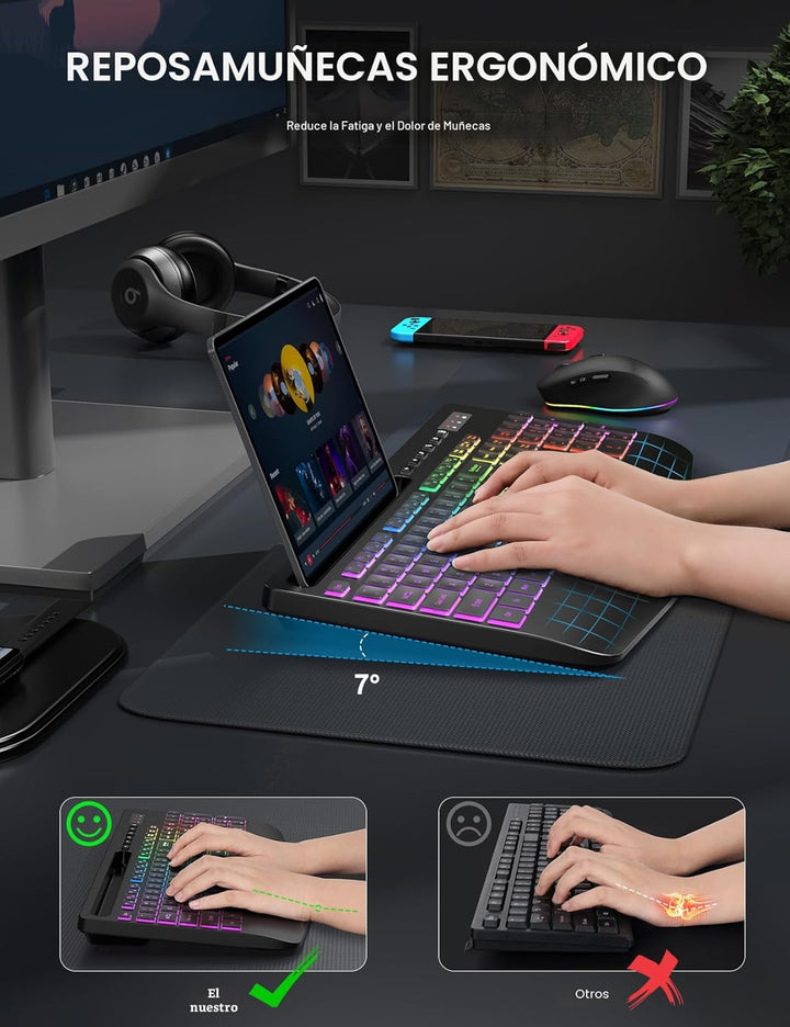 Combo de teclado y mouse inalámbricos, 9 efectos retroiluminados, R...