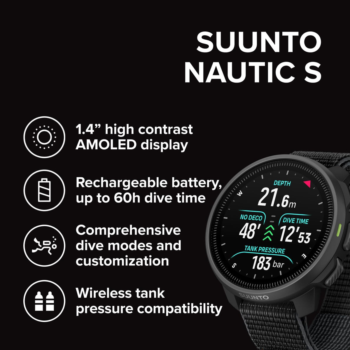 SUUNTO Nautic S - Reloj de buceo, pantalla táctil AMOLED (262.5 ft