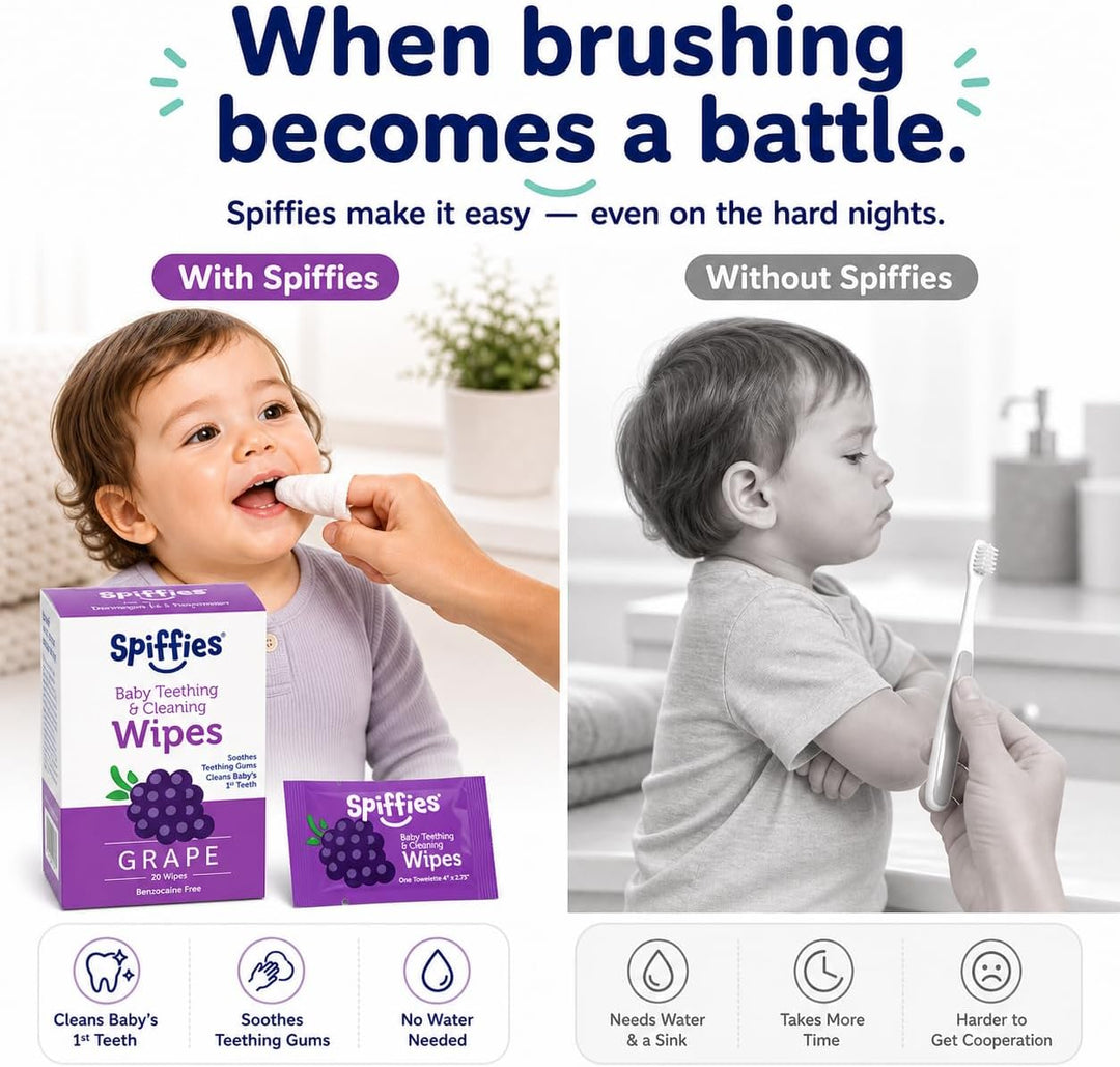 Spiffies Toallitas para dientes de bebé, sabor a uva, limpiador de...