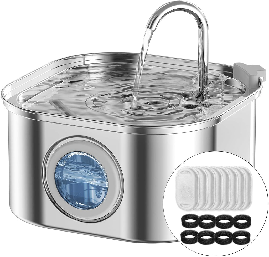 Fuente de agua para gatos de acero inoxidable: fuente automática de agua para mascotas de 108 oz/3.2 L, dispensador de agua para perros con ventana de nivel de agua, para gatos en el