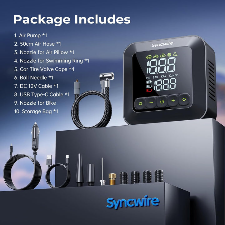 Syncwire Inflador de neumáticos, compresor de aire portátil, bomba...