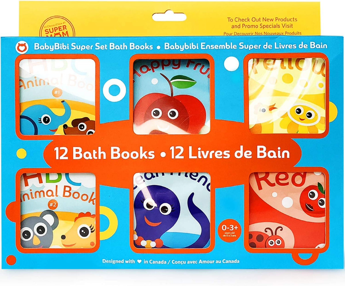 Juego de 12 libros de baño Super Bath (frutas, amigos del océano, ABC, libros de números; libros de baño de reconocimiento de color, incluyendo temas de color amarillo, verde, rojo y azul, libros de