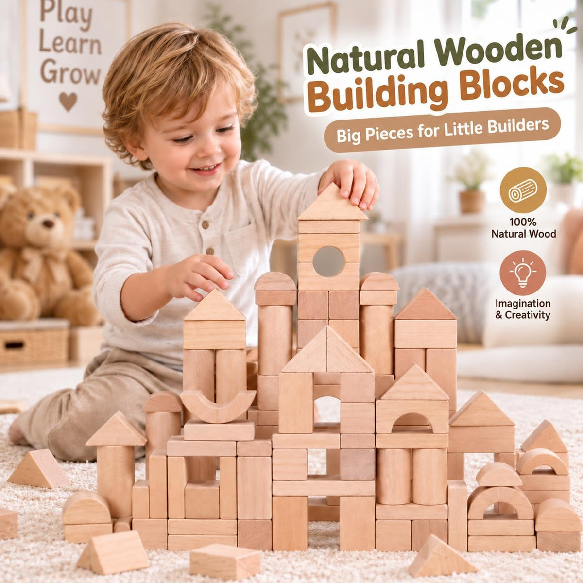 100 bloques de madera para niños pequeños de 1 a 3 años, bloques de