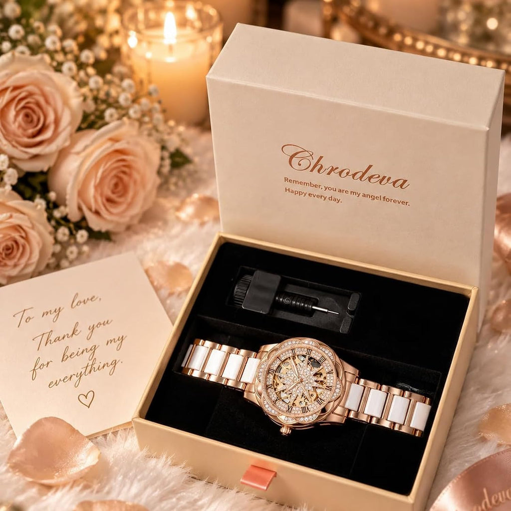 Reloj de oro rosa para mujer, esfera acentuada con cristal de 1.44 pulgadas, pulsera de cerámica blanca y acero inoxidable, reloj de vestir luminoso resistente al agua