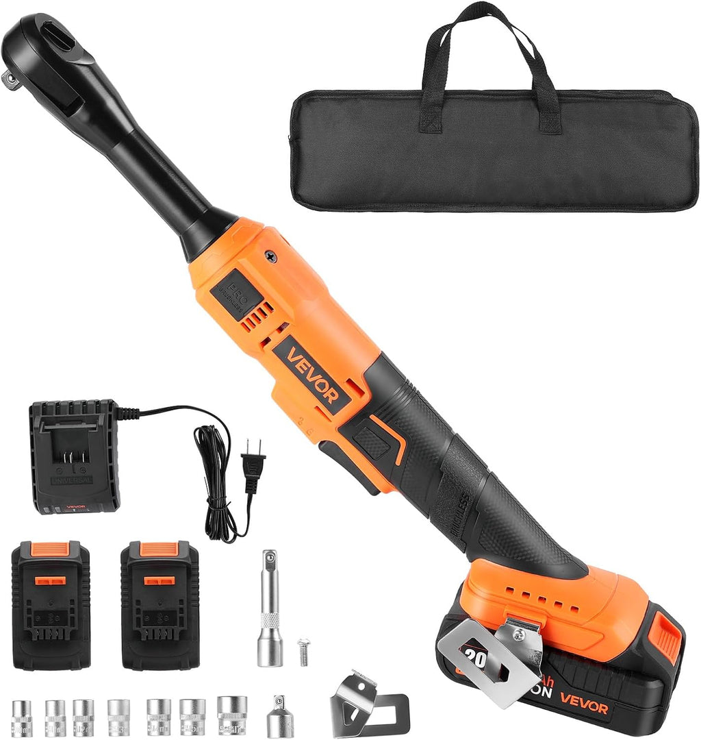 VEVOR Llave de trinquete inalámbrica, transmisión de 3/8 pulgadas, 230 RPM, hasta 66 ft-lbs de torque, juego de llaves de trinquete eléctricas a batería con dos baterías de 2.0Ah, cargador, dados