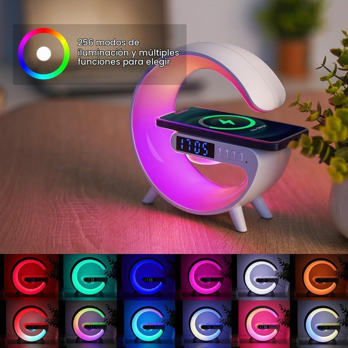 Lámpara Mini altavoz inalámbrico con lámpara Bluetooth, lámpara de ambiente, carga inalámbrica, reloj despertador, lámpara de mesa LED inteligente, luz nocturna, regalos de cumpleaños para niñas y niños de 4 a 12 años (negro)