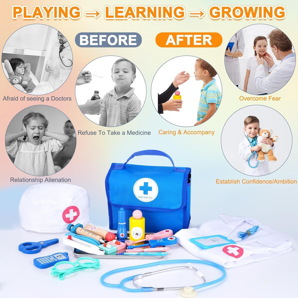 Kit de médico para niños pequeños de 3 a 5 años, kit de médico para niños con bolsa de almacenamiento médico y estetoscopio real, disfraz de médico para juegos de simulación, regalo de cumpleaños para niñas y niños (21 piezas)
