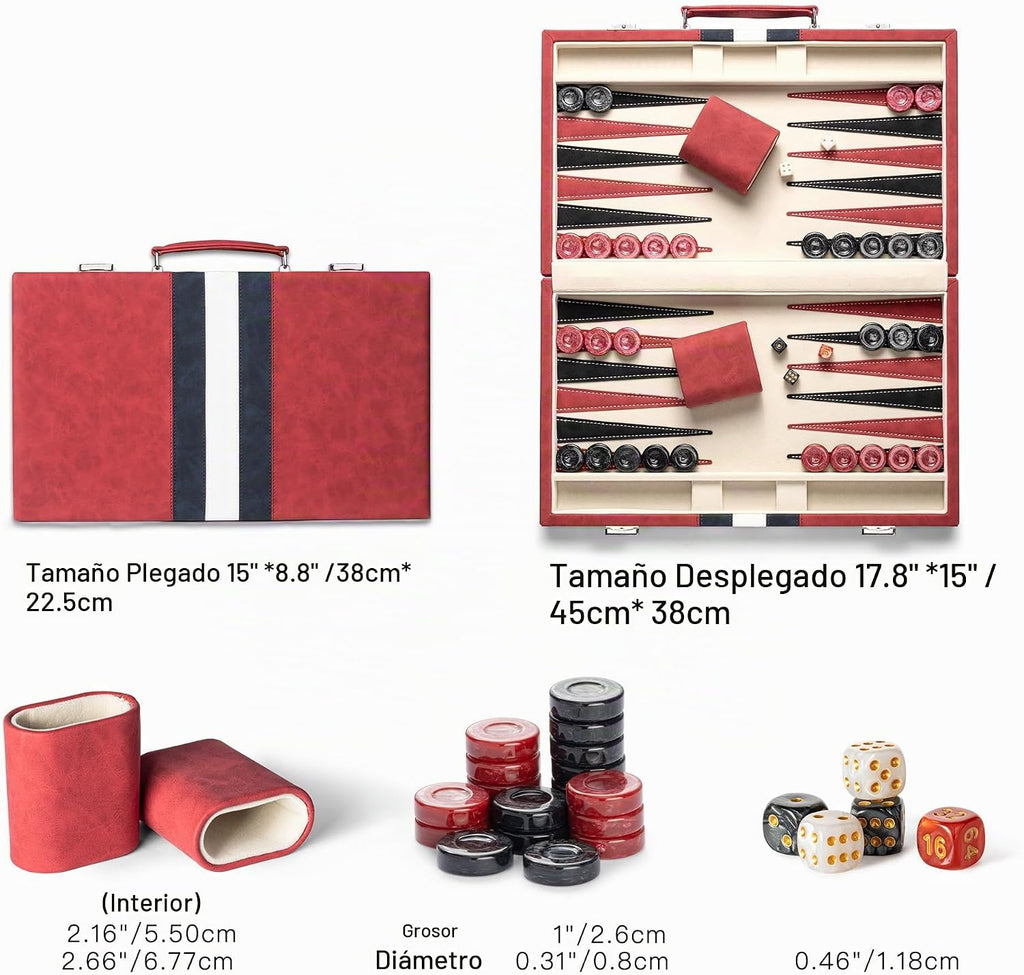 Juegos de backgammon de 15 pulgadas para adultos, tablero clásico de backgammon con dados de damas únicos, exterior de piel sintética e interior de terciopelo, juego de viaje de backgammon portátil (rojo)