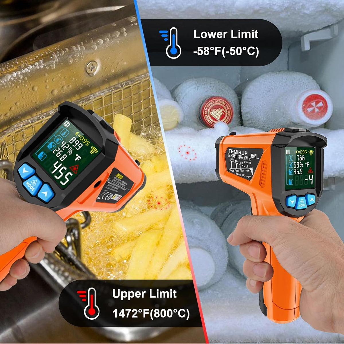 Pistola de termómetro infrarrojo, termómetro láser digital sin contacto, pistola de temperatura con LCD a color para cocinar, HVAC, reparaciones domésticas, medición de humedad