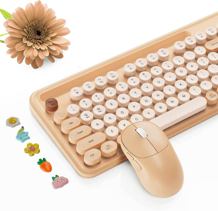 Combo de teclado y mouse inalámbricos, teclas redondas retro, tecla...
