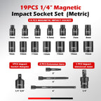 Conjunto de chase de impacto magnético de 1/4 de pulgada, 19 piezas métricas, 4 mm-15 mm, 6 puntos, Cr-Mo, eje cuadrado, entrada magnética con adaptador, junta universal y extensión