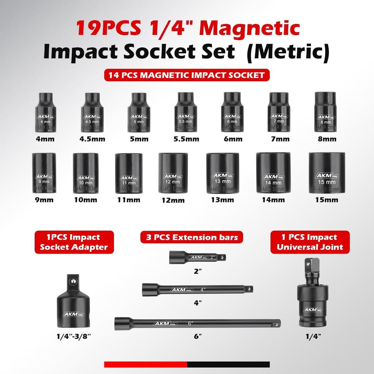 Conjunto de chase de impacto magnético de 1/4 de pulgada, 19 piezas métricas, 4 mm-15 mm, 6 puntos, Cr-Mo, eje cuadrado, entrada magnética con adaptador, junta universal y extensión