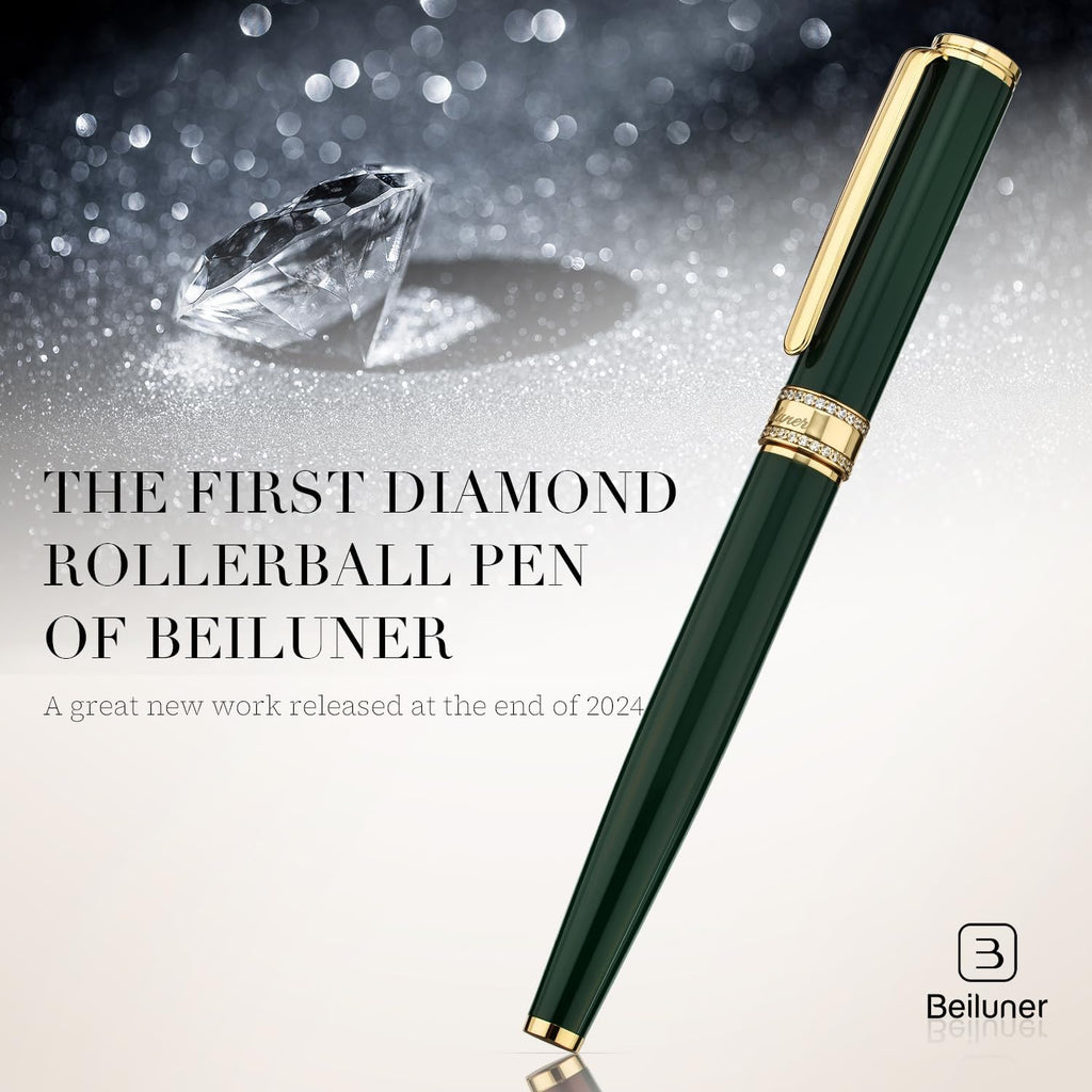 BEILUNER - Bolígrafo de rodillo de laca verde, diseño de tapa con diamantes incrustados, borde de 24K de oro, noble y elegante, recarga de tinta Schneider, el mejor set de regalo de bolígrafo para