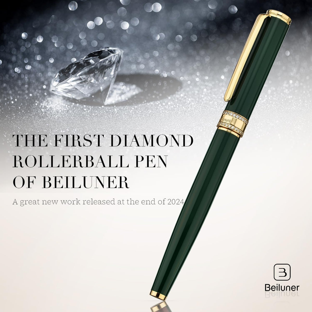 BEILUNER - Bolígrafo de rodillo de laca verde, diseño de tapa con diamantes incrustados, borde de 24K de oro, noble y elegante, recarga de tinta Schneider, el mejor set de regalo de bolígrafo para