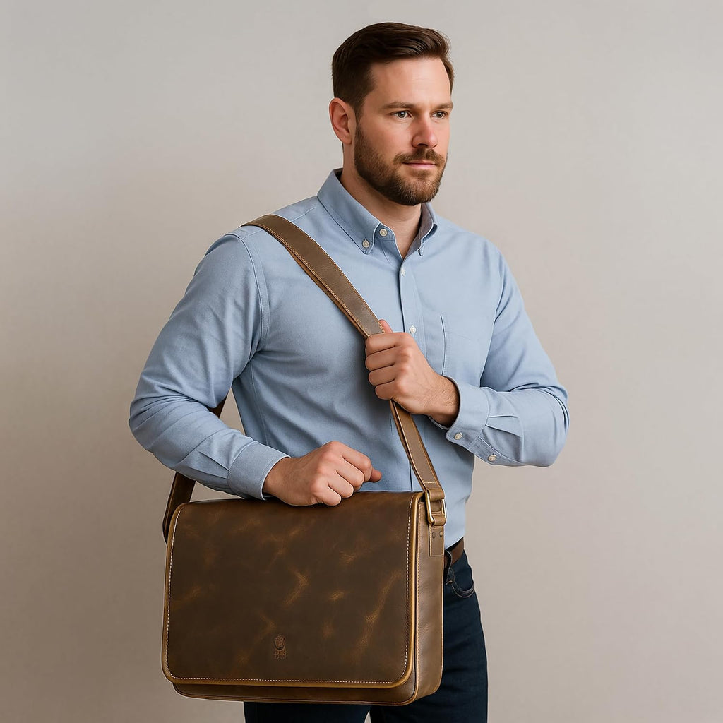 Bolso de mensajero de cuero para hombre, bolso vintage de grano completo