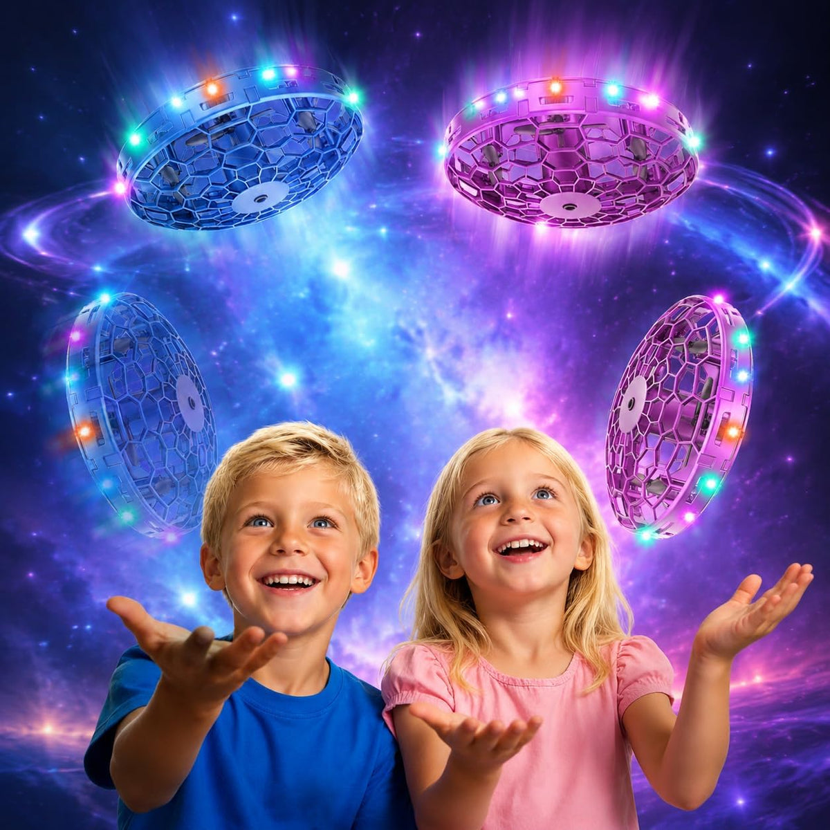 2pcs mano operado volando juguete drone para niños, con luces LED, juguete OVNI volador Drone para niños - Azul y rosa