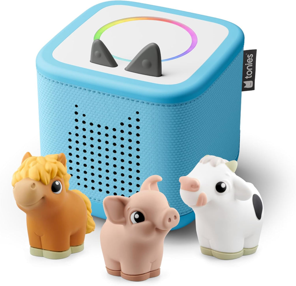 Toniebox 2 My First Farm Bundle para niños de 1 años en adelante, con vaca, caballo y cerdo suaves y exprimibles, azul cielo