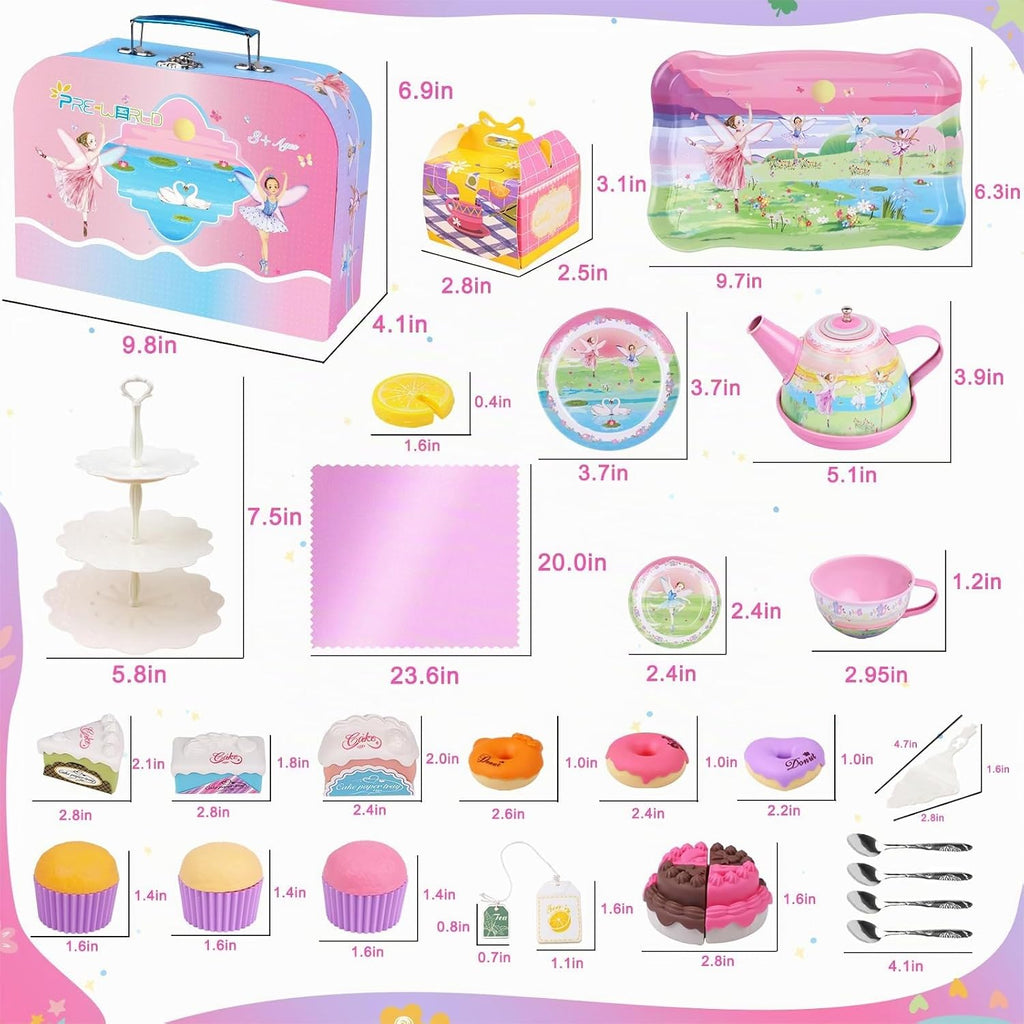 Juego de té para niñas pequeñas, 50 piezas de juguete de princesa para fiestas de té, incluye postre, galletas, dona, bandeja de tetera, pastel, mantel y funda de transporte, juego de