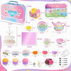 Juego de té para niñas pequeñas, 50 piezas de juguete de princesa para fiestas de té, incluye postre, galletas, dona, bandeja de tetera, pastel, mantel y funda de transporte, juego de
