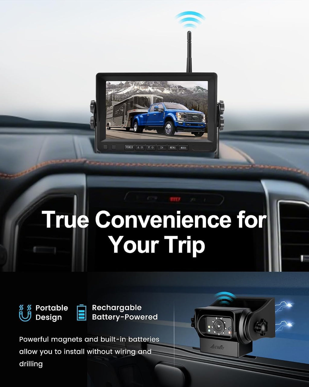 EWAY Cámara de respaldo magnética inalámbrica WiFi de 7 pulgadas, monitor IPS HD 1080P, batería recargable sin cableado, cámara de enganche de visión trasera para automóvil, camión, camioneta