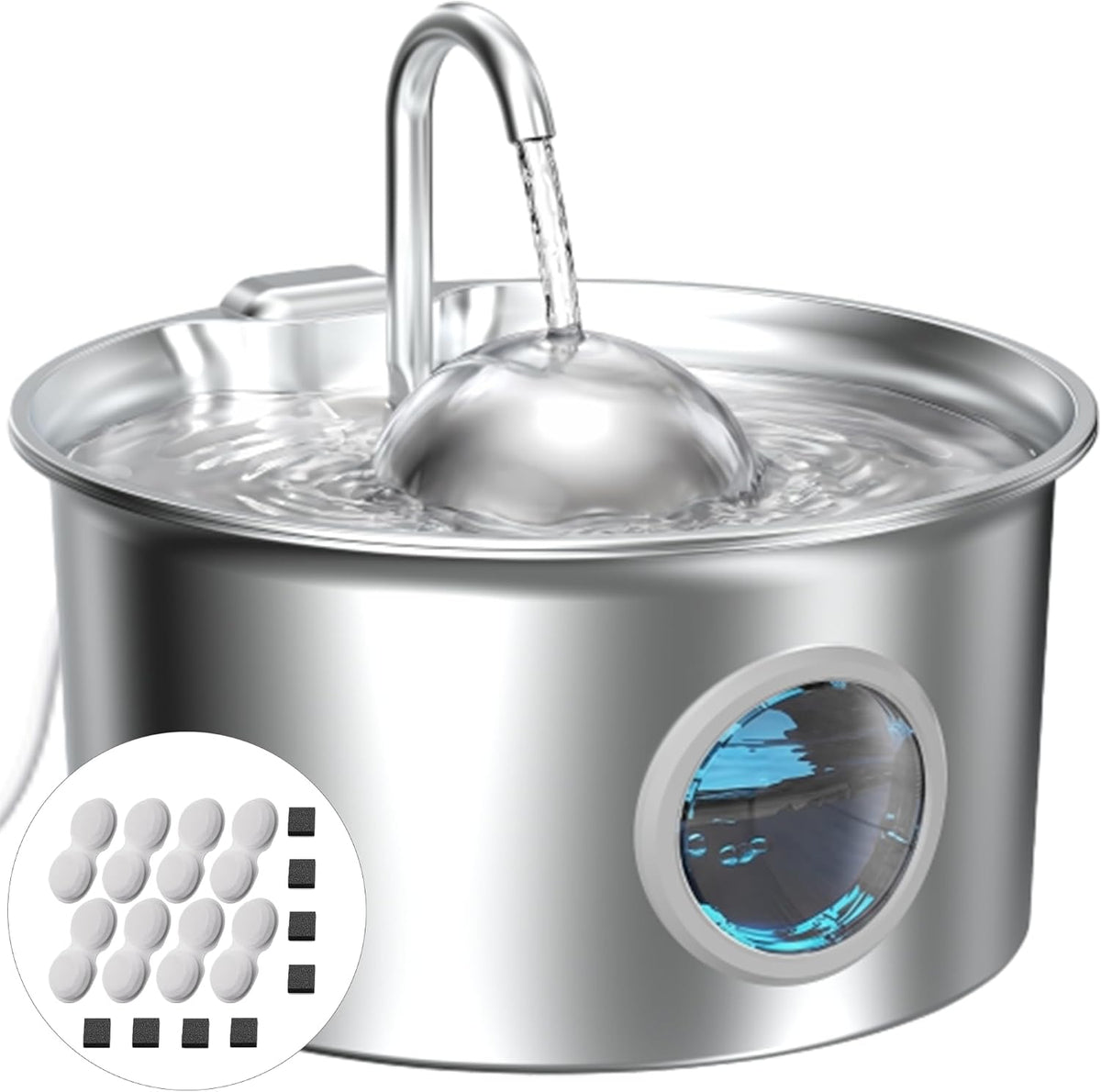 Fuente de agua para mascotas de acero inoxidable: 8 filtros + 8 esponjas