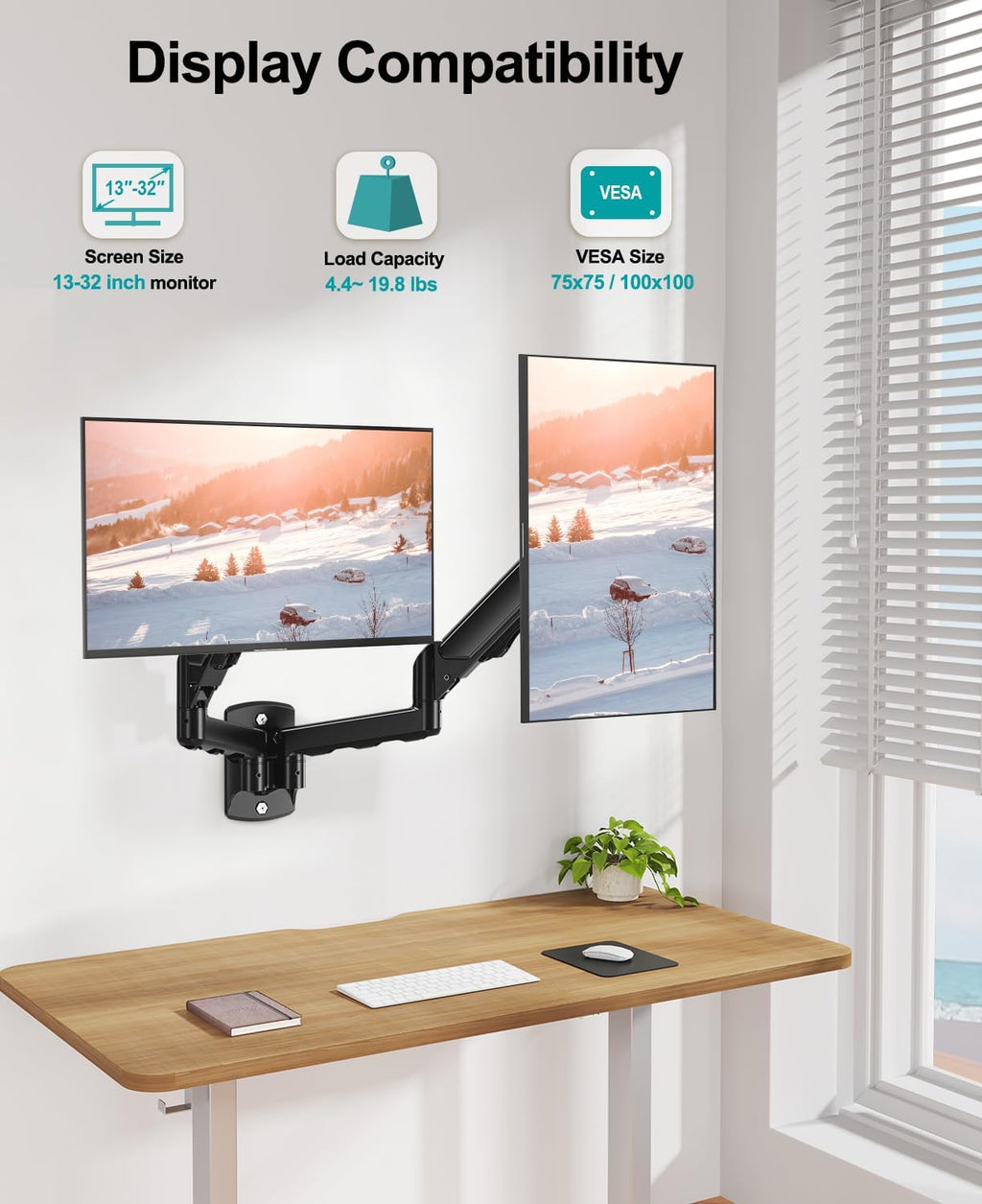 MOUNT PRO Soporte de pared para monitor dual para 2 pantallas de computadora de hasta 32 pulgadas, brazo de pared de doble monitor con capacidad para hasta 19.8 libras cada uno, soporte de monitor de