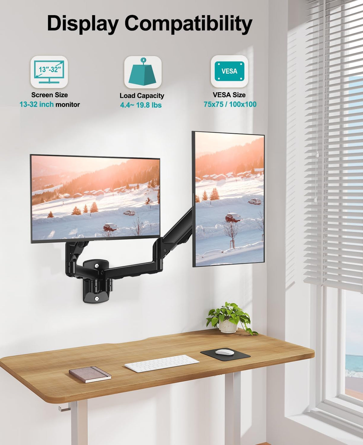 MOUNT PRO Soporte de pared para monitor dual para 2 pantallas de computadora de hasta 32 pulgadas, brazo de pared de doble monitor con capacidad para hasta 19.8 libras cada uno, soporte de monitor de