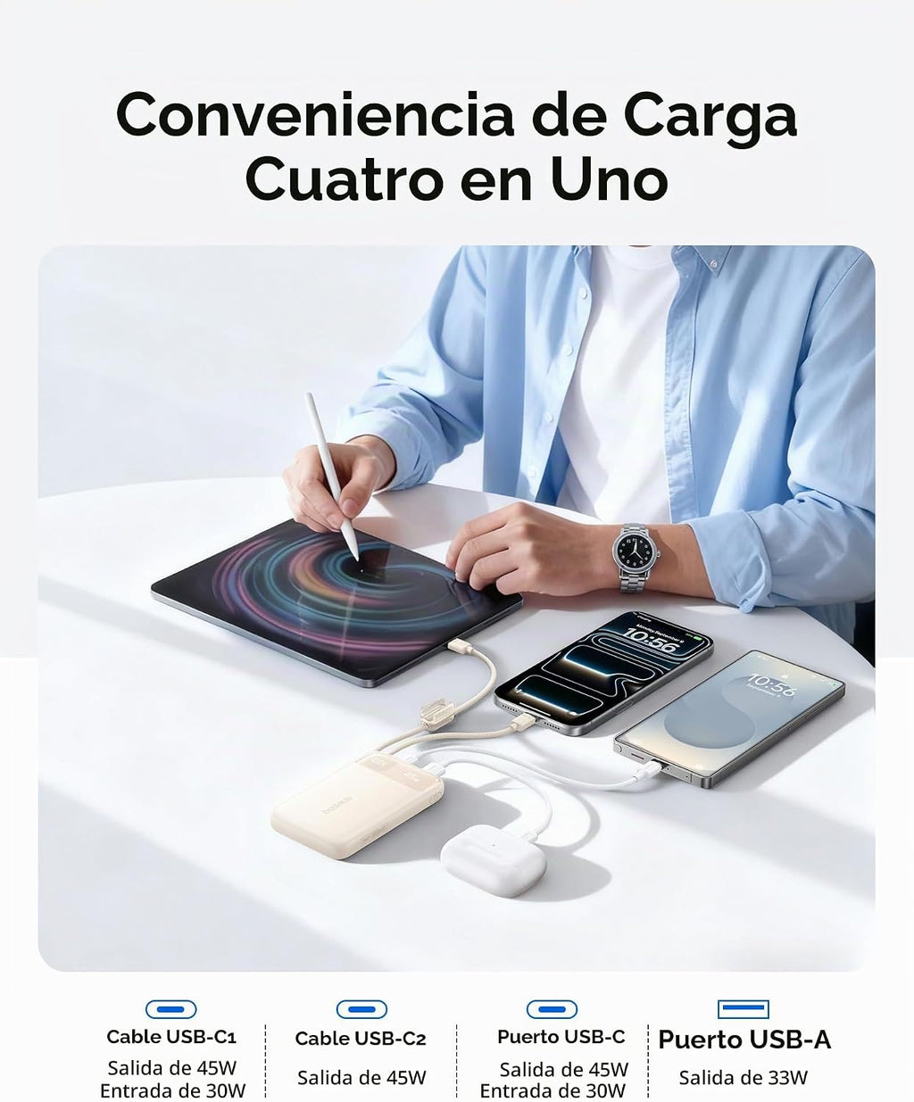 Baseus Banco de energía ultra delgado de 45 W, 10000 mAh, cables USB-C integrados, cargador portátil certificado CCC, esencial de viaje, carga rápida, tamaño de bolsillo, batería para iPhone 17 16