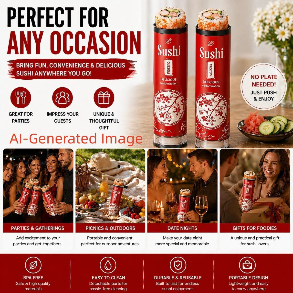 Tubo de sushi portátil, contenedor de sushi push-up, sin manos para comer sushi, soporte para rollo de sushi sobre la marcha con tubo de salsa para viajes, fiestas y comida para llevar (paquete